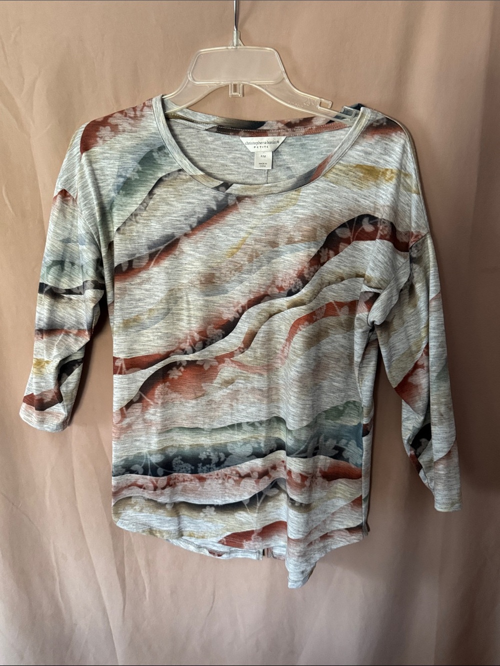 Christopher & Banks Gray Multicolor Wave-Print Long Sleeve Top